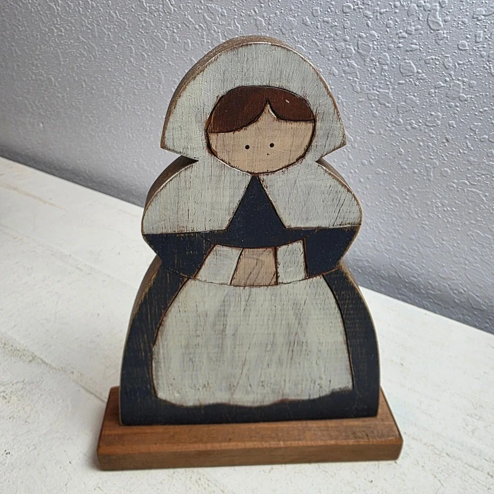 Vintage‎ Primitive Wooden Thanksgiving Pilgrim Turkey Wheat Set 4pc Farmhouse